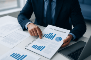 Consultor financiero analizando el cuaderno de venta de una fintech con datos y gráficos en un entorno corporativo moderno