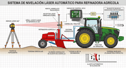 Esquema de funcionamiento del sistema láser en nivelación agrícola