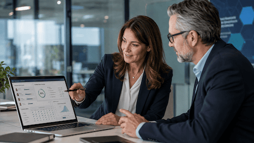 Consultoría estratégica humana colaborando con análisis predictivo de datos